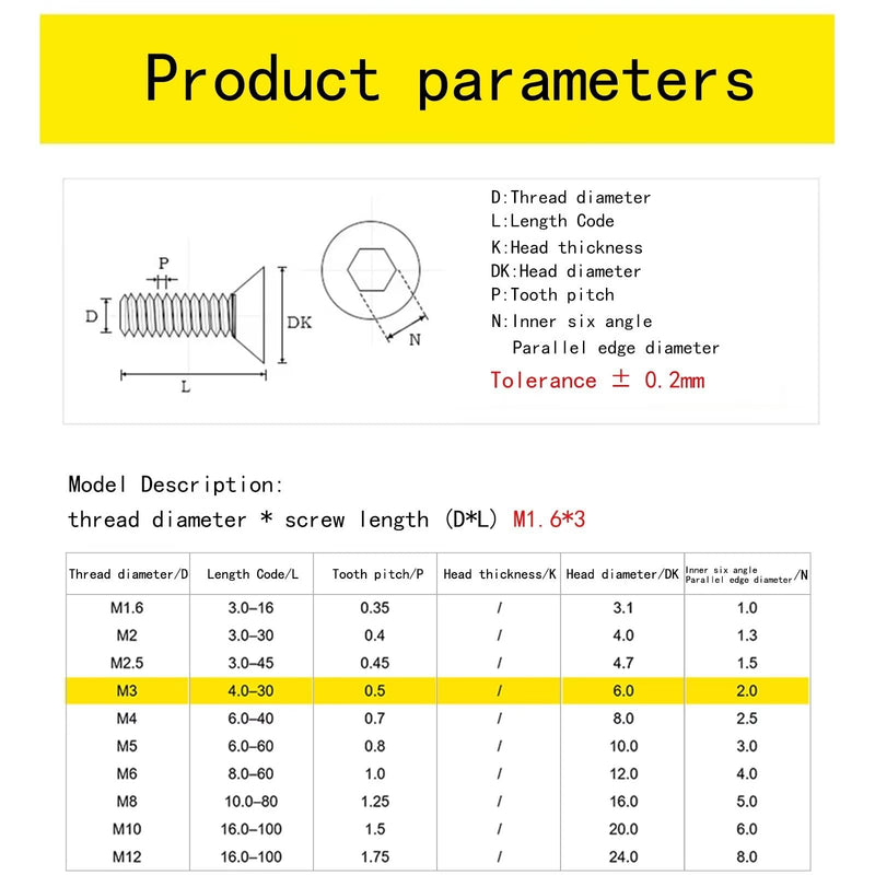 M3-0.5 x 14mm Flat Head Socket Cap Screws, 10.9 Grade Alloy Steel,DIN 7991,Allen Socket Drive, Black Oxide Finish, Machine Thread, Countersunk Bolts,Fully Thread Quantity 60 M3-0.5 x 14mm（60 PCS）