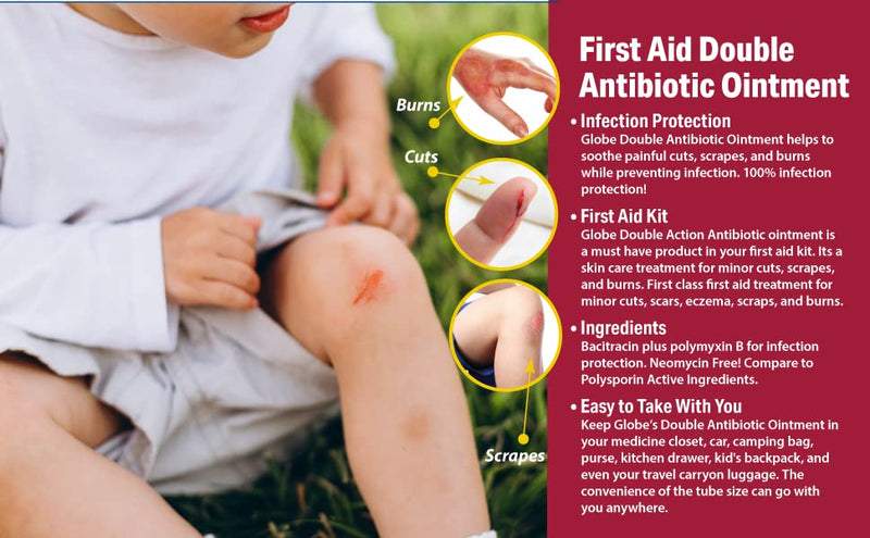 (2 Pack) Globe First Aid Antibiotic Ointment (1oz) with Bacitracin Zinc & Polymyxin B Sulfate, Double Antibiotic Ointment for Infection Protection & Wound Care, Neomycin-Free