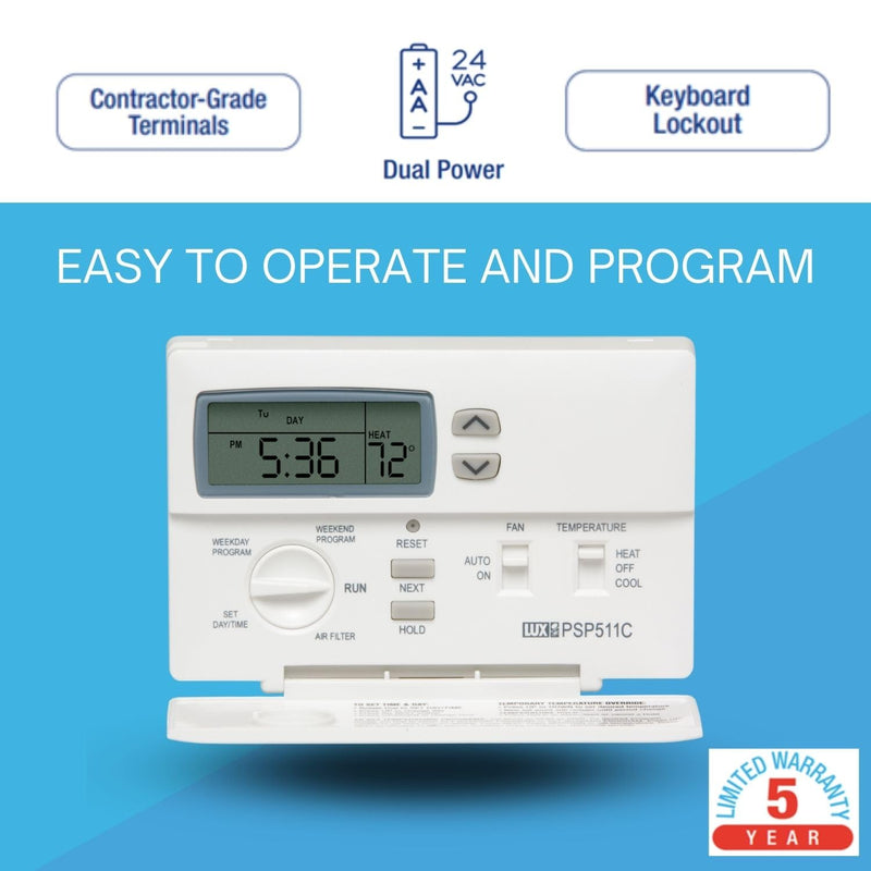 Lux Pro PSP511C Programmable 5-2 Day Thermostat for Home Use; 1 Heat, 1 Cool, Batteries Included