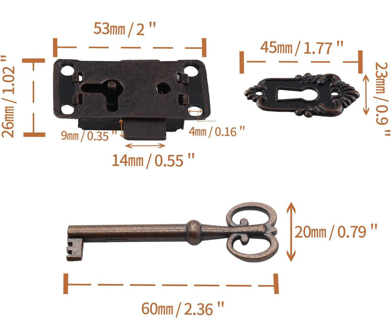 2 Sets Skeleton Key Lock Decorative Antique Red Bronze Cabinet Lock with Key for Chest Cupboard Furniture 2 Sets