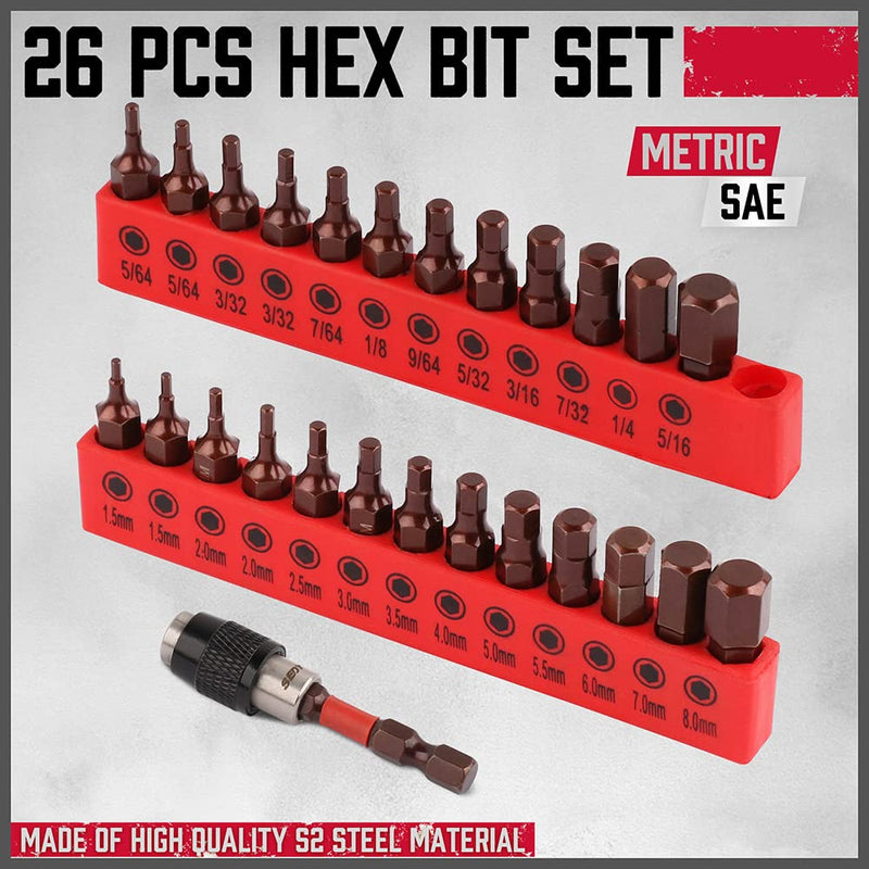 25-Piece Hex Bit Set - Premium Allen Key Drill Bit Set, Durable Allen Wrench Drill Bits, Hex Ket Drill Bit Set & Quick Change Bit Holder, SAE Metric Hex Drill Bit Set Strong Magnetic Tips 25-Piece Hex Bit Set