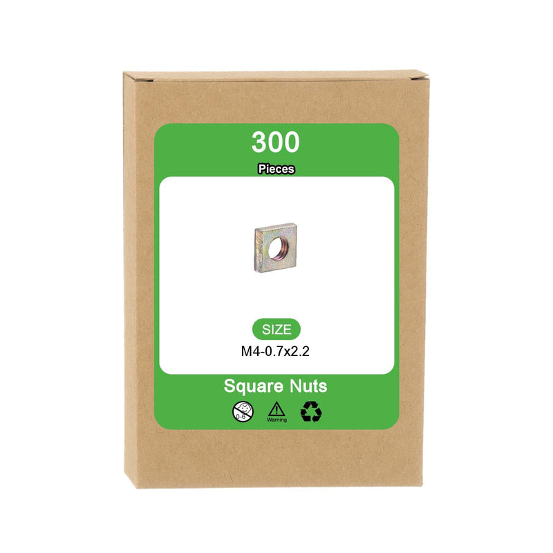 uxcell M4-0.7x2.2 Square Nuts, Carbon Steel Zinc Plated Coarse Thread Square Nuts Fasteners for Home Repairs and Professional Engineering, Colorful 300pcs M4-0.7x2.2mm 300
