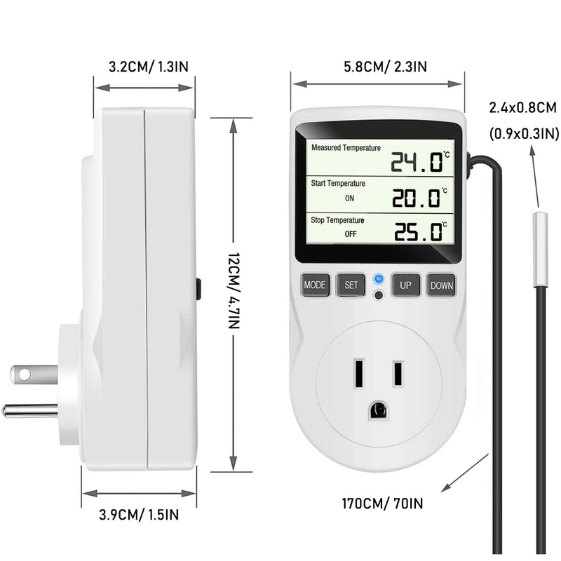 KABASI Digital Temperature Controller, LCD Screen Heating Cooling Reptile Thermostat with Sensor Probe for Snake, Lizard, Incubator, Brewing, Incubator, Greenhouse, Terrarium ℉/℃ 15A 1800W 120V Classics