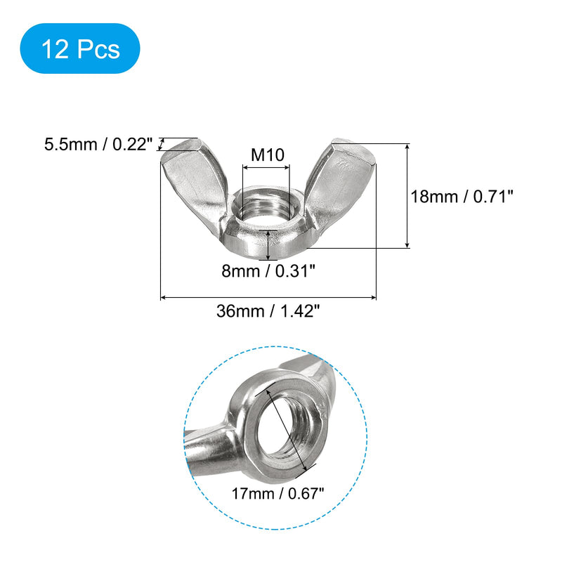 uxcell M10x1.5mm Wing Nut 12 Pcs, 304 Stainless Steel Butterfly Wing Nuts Fasteners Parts Hand Twist Tighten Wing Nuts for Machinery Electronic Equipment DIY, Silver