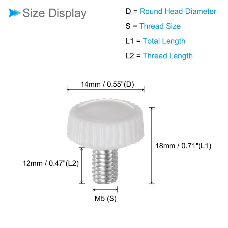 Thumb Screw Knurled Knobs, M5 x 12mm Male Thread, White Round Head Clamping Screw Threaded Stud Hand Knobs Grip, (Applications: for Machinery Lathes), 30-Pieces