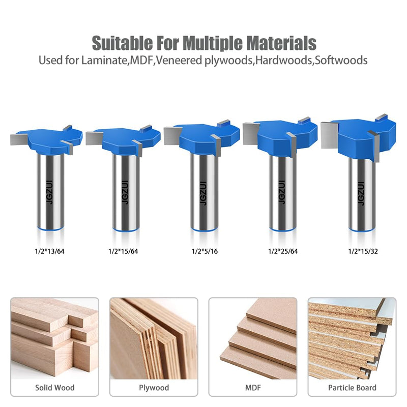 5Pcs Three-Blade Slot Cutter Router Bit, ''T'' Type Slotting Bit , Slot Router Bit Set,1/2" Shank,Cutting Height 13/64", 15/64", 5/16", 25/64", 15/32", Slotting Knife for Woodworking 1/2inch Shank 5 Bits Set