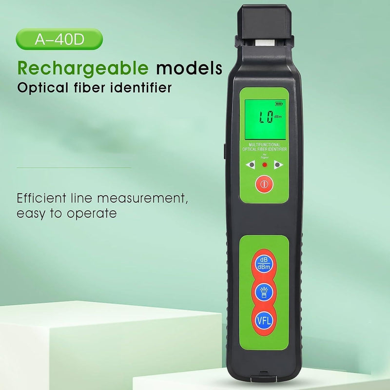 Rechargeable Live Optical Fiber Identifier A-40D, Wave Respond 800-1700nm Built in VFL &LED Functions Suitable for 0.25/0.9/2.0/3.0 Fiber with FC-LC Adapter FTTH Tool