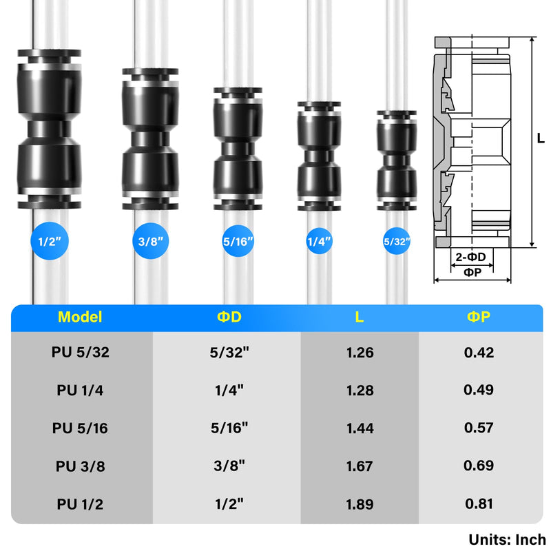 TAILONZ PNEUMATIC Black Straight 1/4 inch Tube OD Push to Connect Tube Fittings Push Lock PU-1/4 (Pack of 10) 1/4"OD