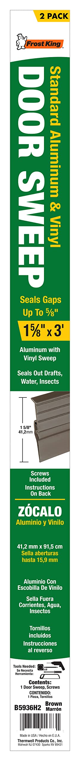Frost King B59/36H Premium Aluminum and Vinyl Door Sweep 1-5/8-inch by 36-inches, Brown - 2-Pack