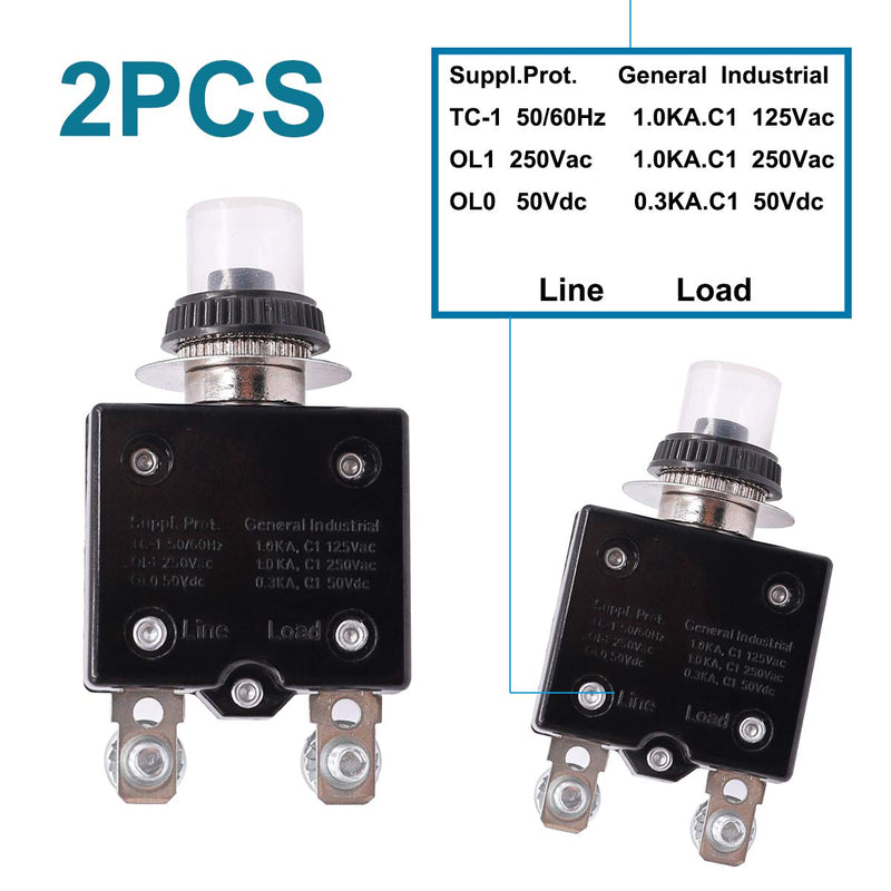 mxuteuk 2Pcs 20Amp Circuit Breakers Push Button Manual Reset 125/250V AC 50V DC, L1 Series Overload Protector Switch Thermal Circuit Breakers with Waterproof Button Caps L1-ls-20A 20A