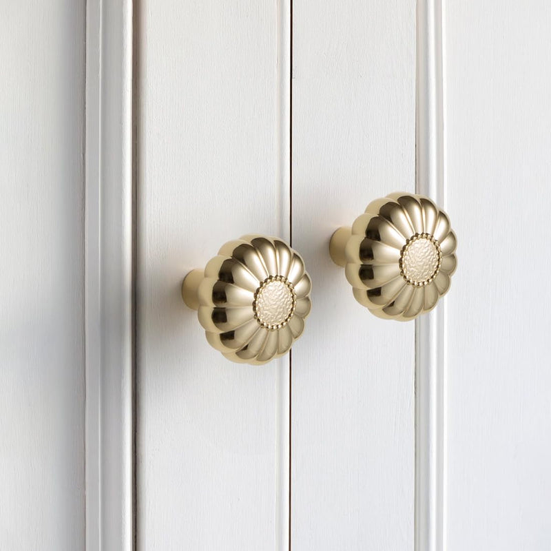 YAGU 10 Pack Sunflower Polished Brass Kitchen Cabinet Knobs 1-1/5 Inch Round Dresser Drawer Knob Bright Gold Furniture Hardware Shiny Brass Pulls for Closet Cupboard Wardrobe Single Hole Knobs