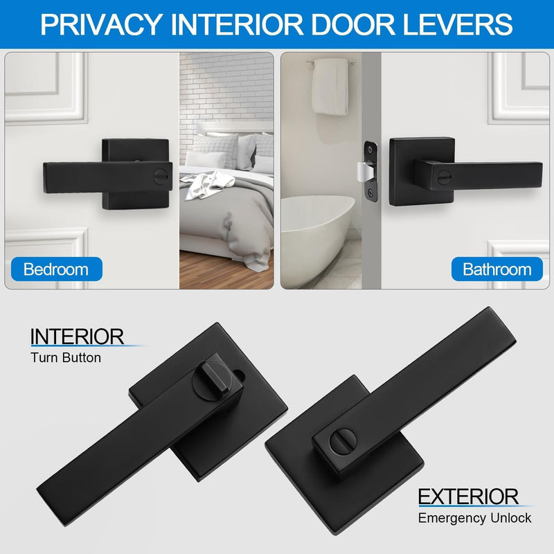2 Pack Matte Black Door Handles Privacy Door Levers, Heavy Duty Bed and Bath Door Locks Interior Door Knobs, Reversible Keyless Flat Levers with Square Rosette 2 Pack Matte Black Finish