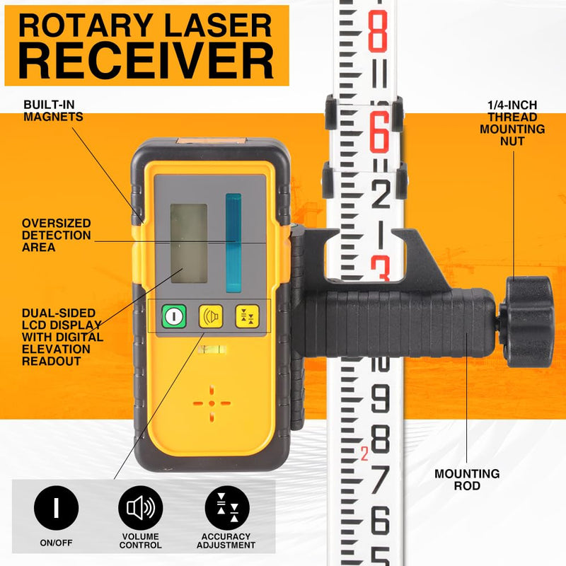 Digital Rotary Laser Receiver with Dual Display and Built-In Bubble Level, Compatible with All Green Rotary Lasers - Rod Clamp Included (Green Beam-RD-FT-G) Green Beam-RD-FT-G