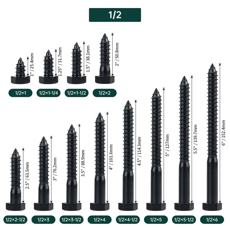 1/2 x 5 Black Hex Head Lag Screws Bolts (6 pcs), 304 Stainless Steel 18/8, Black Oxide Coated, Partial Thread, Deck Screws, Heavy Duty Hex Head Wood Lag Screws, Fayeploo 1/2 x 5" 6