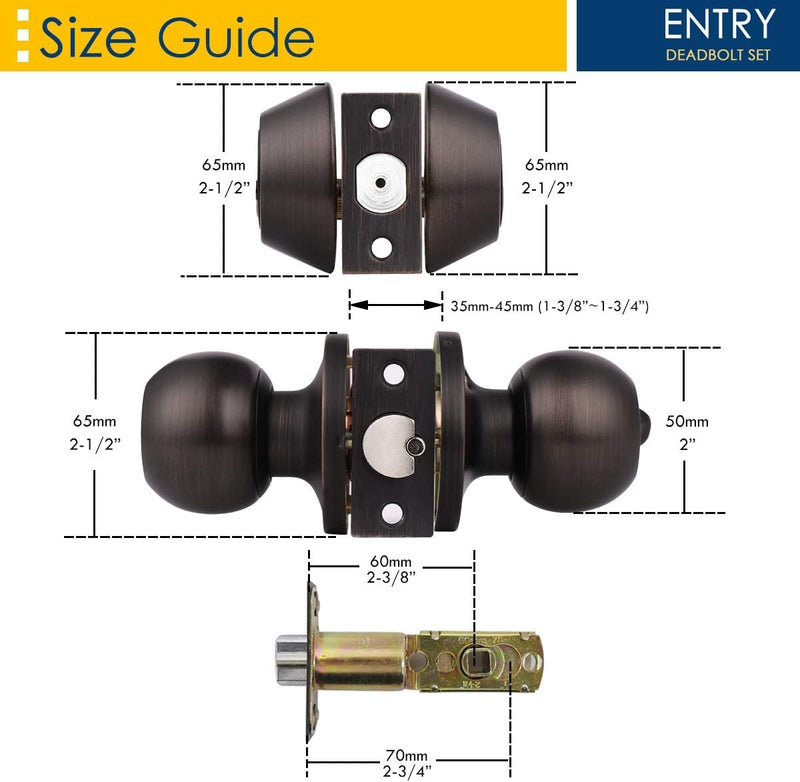 2 Pack Exterior Door Knob and Deadbolt Set, Oil Rubbed Bronze Entry Door Lock Sets with Double Cylinder Deadbolt, Security Round Style Entry Door Knobs Deadbolt 2