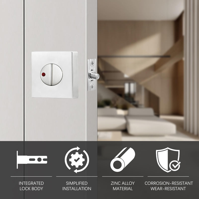 Bathroom Door Knob Lock with Indicator Light,Modern Privacy Lock, Square Deadbolt Lock (Keyless), Interior Swivel Knob, for Home,Office,Bathrooms,Restrooms (Silver) Silver