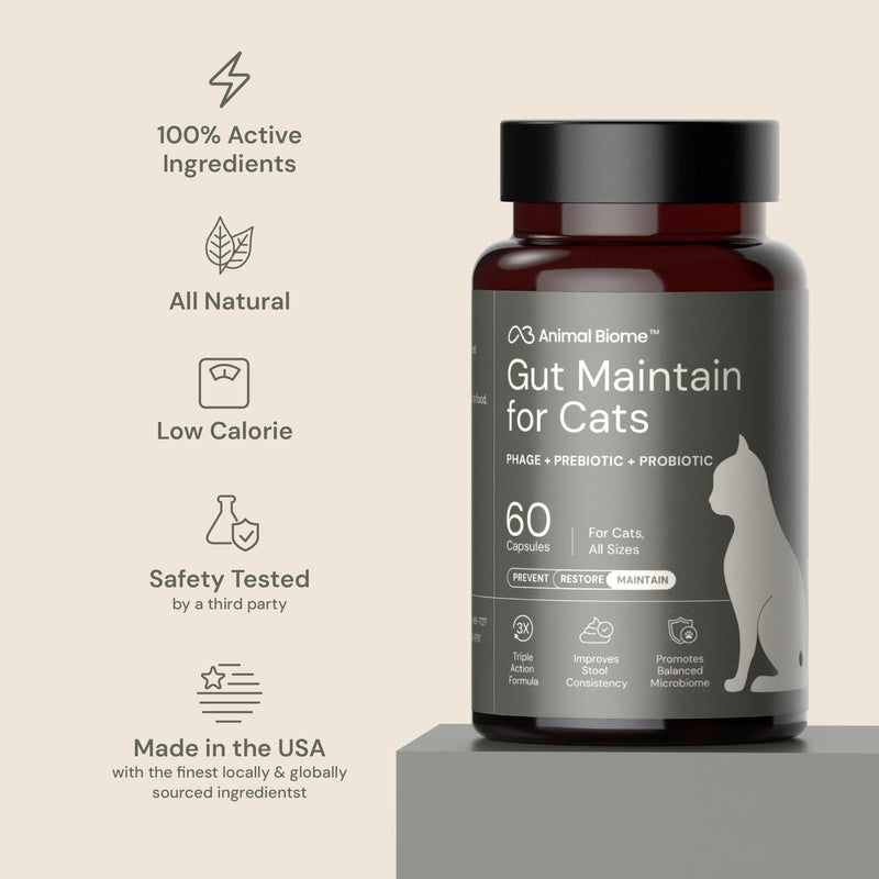 AnimalBiome NEW Probiotics for Cats with S Boulardii (30 Capsules) KittyBiome - Gut Maintain Triple-Action Phage, Prebiotics & Probiotic Cat Supplements for Digestive Health, Open for Easy Food Topper 30 Capsules