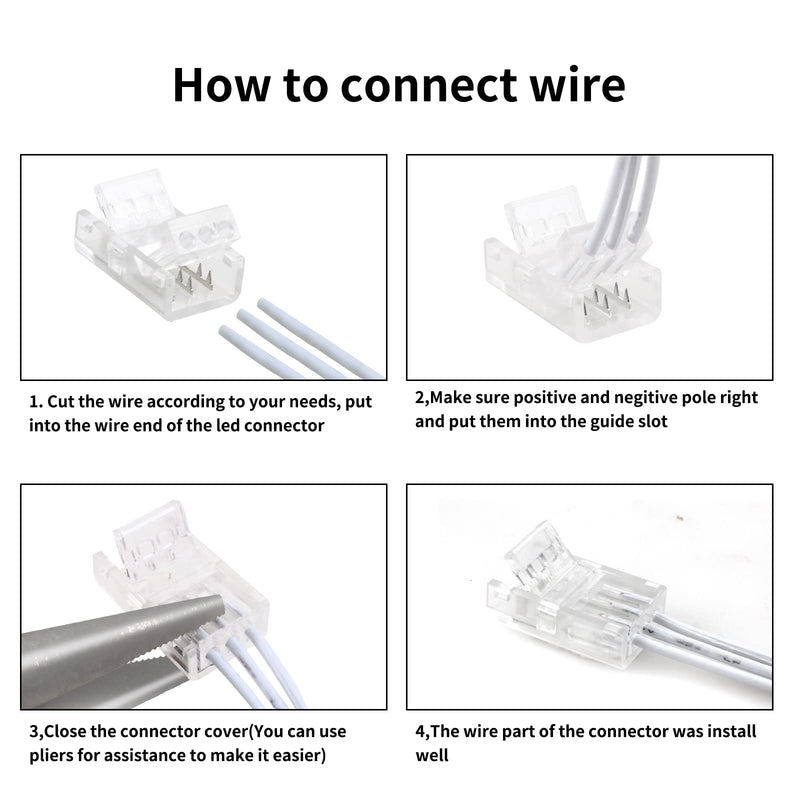 RGBZONE 3 Pin 10mm LED Connector Kit with 32.8ft 3 Pin Extension Cable and 10 Pcs 3 Pin LED Strip to Wire Connectors for 10mm IP20/IP65 SMD 5050 Dream Color LED Strip Light WS2811 WS2812B 3pin 10mm kit