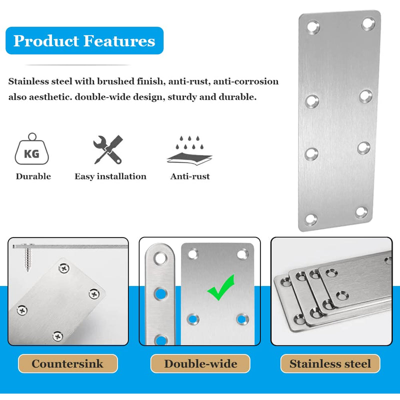 4 Pcs Flat Mending Plate Stainless Steel Flat Bracket 140mm x 50mm Metal Straight Brace Repair Joining Fixing Bracket for Wood, with Screws