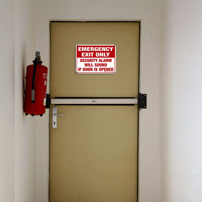 Emergency Exit Only - Security Alarm Will Sound If Door Is Opened Sign, 2 Pack, 10 x 7 inch .40 Rust Free Aluminum, UV Protected, Weather Resistant, Waterproof, Durable Ink, Easy to install Red and White- Aluminum - 2 Pack