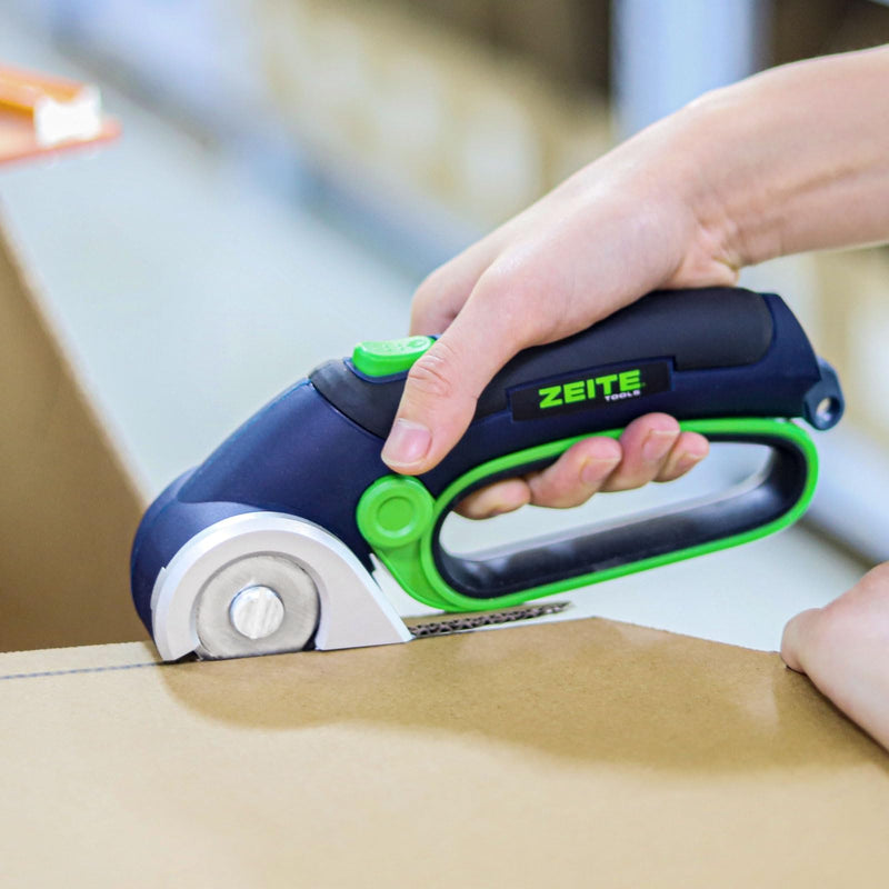 ZEITE 4V Cordless Electric Scissors, Cardboard Cutter with 2 x Blade, 1 x Storage Box, 1 x USB Charging Cable, Electric Cutter, Power Rotary Scissors for Box Carpet Plastic, Easy to Hold and Safety Blue