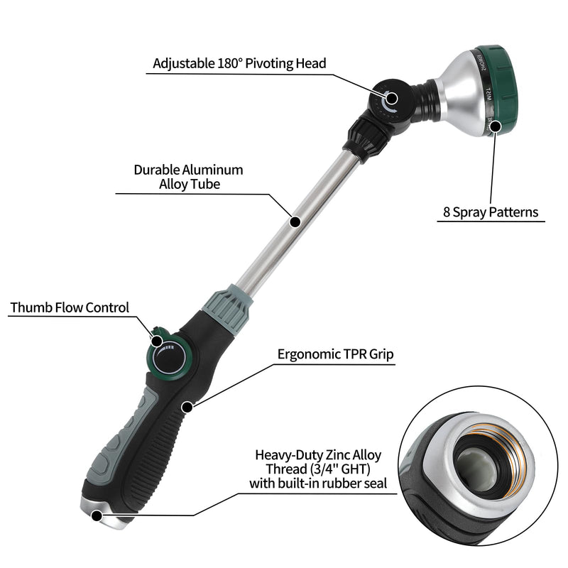 Watering Wand for Garden Hose, 17.5 Inch, 8 Spray Patterns, Garden Hose Nozzle with Thumb Flow Control, Adjustable Water Sprayer with Pivoting Head, Ideal for Hanging Baskets and Shrubs Green