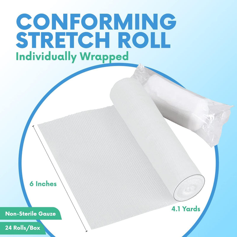 HEALQU Premium Gauze Rolls - 4” x 4.1 Yards - 24 Rolls, Individually Wrapped Conforming Stretch Gauze Bandage - Super Soft Woven Stretch Gauze Bandages for Primary Wound Dressing Support 4" Box of 24