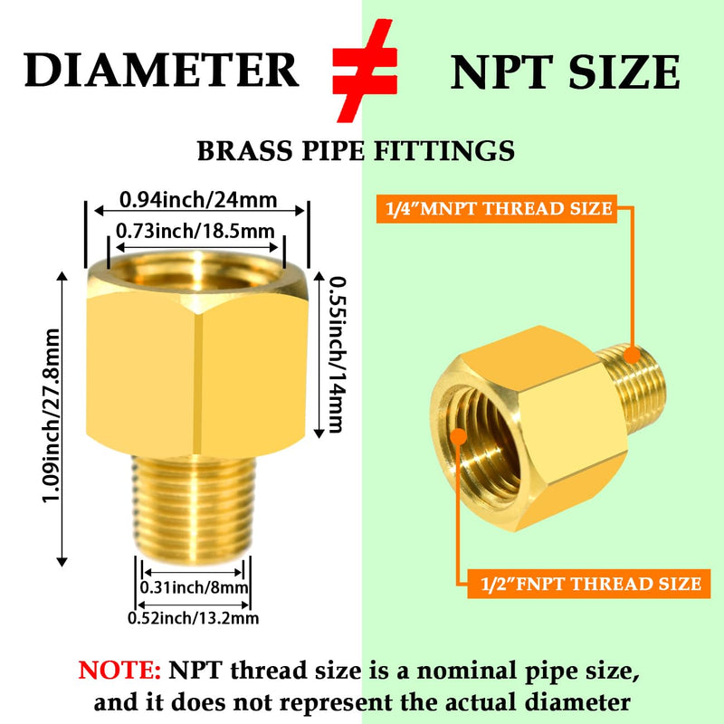 SDTC Tech 2-Pack Brass Pipe Fitting 1/4" NPT Thread Male to 1/2" NPT Thread Female Reducer Adapter 2P 1/4"Male x 1/2"Female