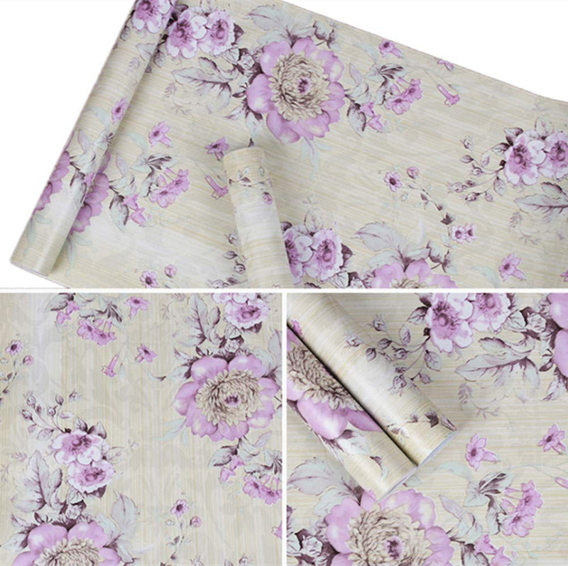 Amhao Floral Purple Prepasted Wallpaper Self Adhesive Paper Film Vinyl Sticker Decal for Cabinet Drawer Shelf Liner 17.7inch by 98inch - NewNest Australia