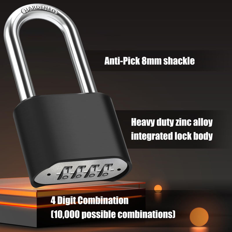 2.5in Long Shackle Combination Lock, Diyife Large Outdoor Weatherproof Padlock, Design of Hidden Password & High Security, Resettable Combination Lock for Locker, Home, School, Garage, Gate, Garden Black, Long