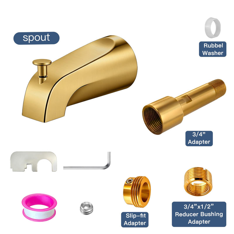 Bathtub Spout with Diverter, All Metal,5.3 Inch Tub Spout, Fits 1/2" Copper Slip-On and 1/2" or 3/4" IPS Threaded Pipes, Leak-Free, Slip Fit Tub Spout with Pull-Up Diverter，Brushed Gold Brushed Gold