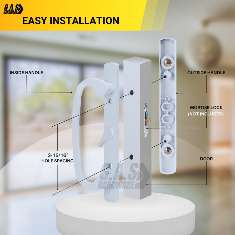 8.5" Legacy Sliding Patio Door Handle Set – White, Non-Keyed, Center Latch – Fits 3-15/16" Screw Spacing, 1-1/4" to 2-1/4" Thick Doors– Sash Controls 2265 Handle Replacement– Mortise Lock NOT Included