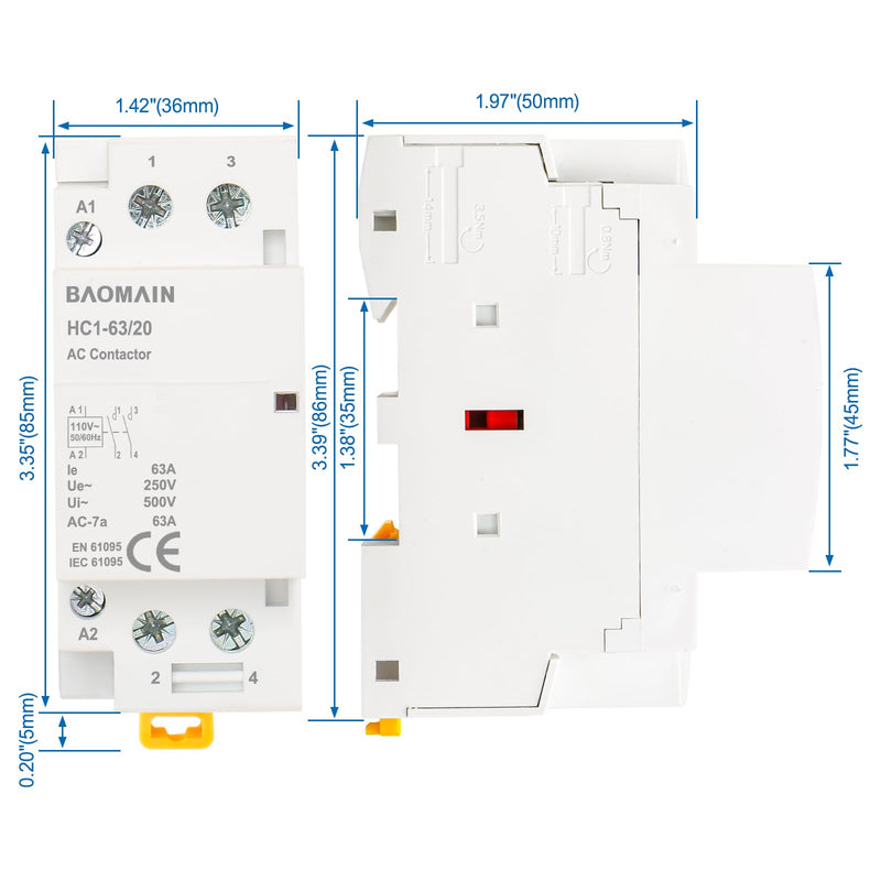 Baomain 110V AC 2-Pole Modular Contactor, 63A 2NO Normally Open, DIN Rail Mount for HVAC, Motor, Pump & Lighting Control BCT-63/20, HC1-63/20-110VAC 63 Amp. 110 VAC(HC1)
