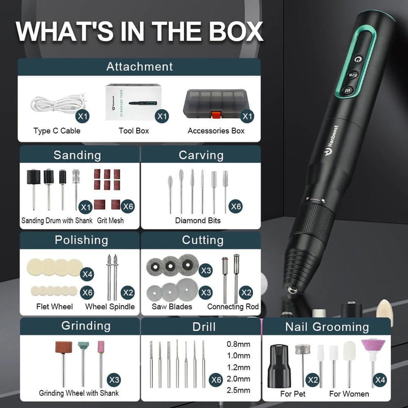 Hanboost S2 5V Electric Cordless Rotary Tool - LED Display 54 Accessories 6-Speed 1100mAh 30000RPM 200gcm USB C Torque Silent Motor for Carving, Polishing, Grinding, Drilling, DIY Crafts & Pet Care