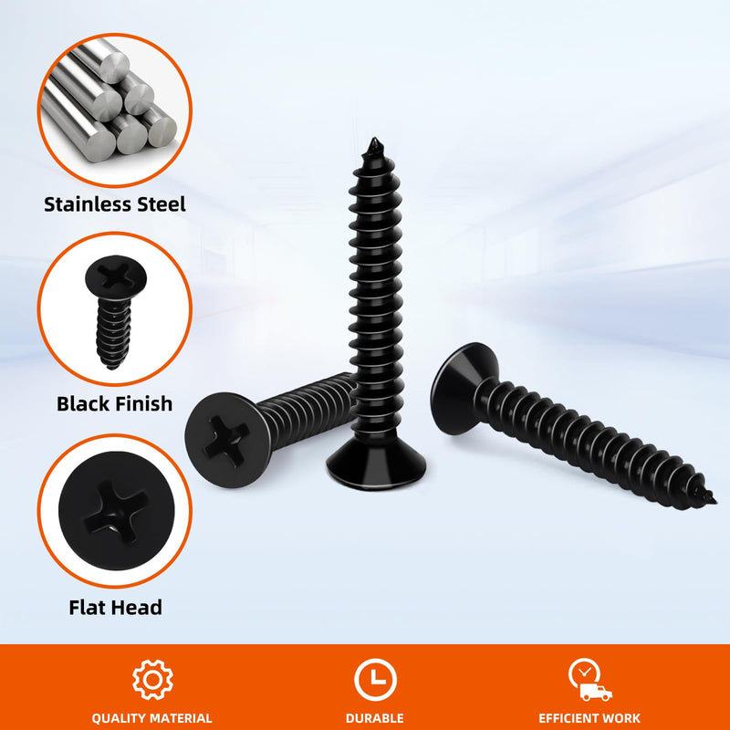 #10 x 1-1/4" Flat Head Wood Screw, Sheet Metal Screws, Stainless Steel 18-8 (304), Black Finish, 100 PCS #10 x 1-1/4"