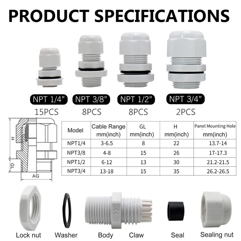 33PCS Cable Gland Waterproof Kit White IP68, Plastic Cable Connectors Black Nylon Adjustable 3-18mm with Locknut and Washer,Electrical Conduit Fitting 1/4” 3/8”1/2”3/4” Strain Relief Cord Grip 33pcs kit box