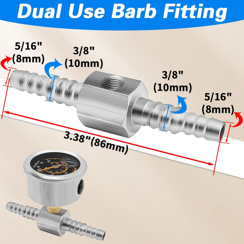 0-100Psi Fuel Pressure Gauge, 1/8" NPT Fuel Pressure Gauge, Back Mount, Glycerin Filled Pressure Gauge with Dual use 5/16" Barb(8mm) to 3/8"(10mm) Barb Hose Fitting