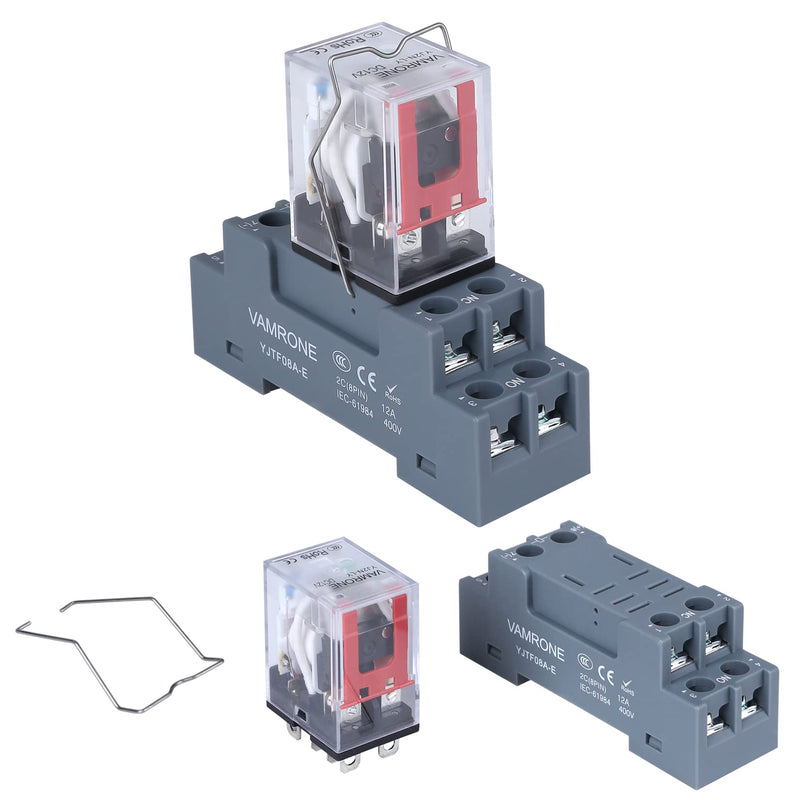 Electromagnetic Power Relay, 8-Pin 10 AMP 12V DC Relay Coil with Socket Base, LED Indicator, DPDT 2NO 2NC - MY2NJ 2PCS [Applicable for DIN Rail System] DC 12V 8Pin-10A-2PCS