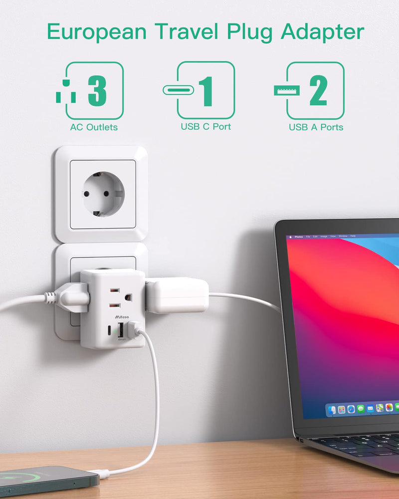 European Travel Plug Adapter with USB Charging Ports(1 USB C), International Type C Power Adapter for US to Most of Europe EU Italy France Spain Germany Greece Type C Most of Europe - 1 PACK