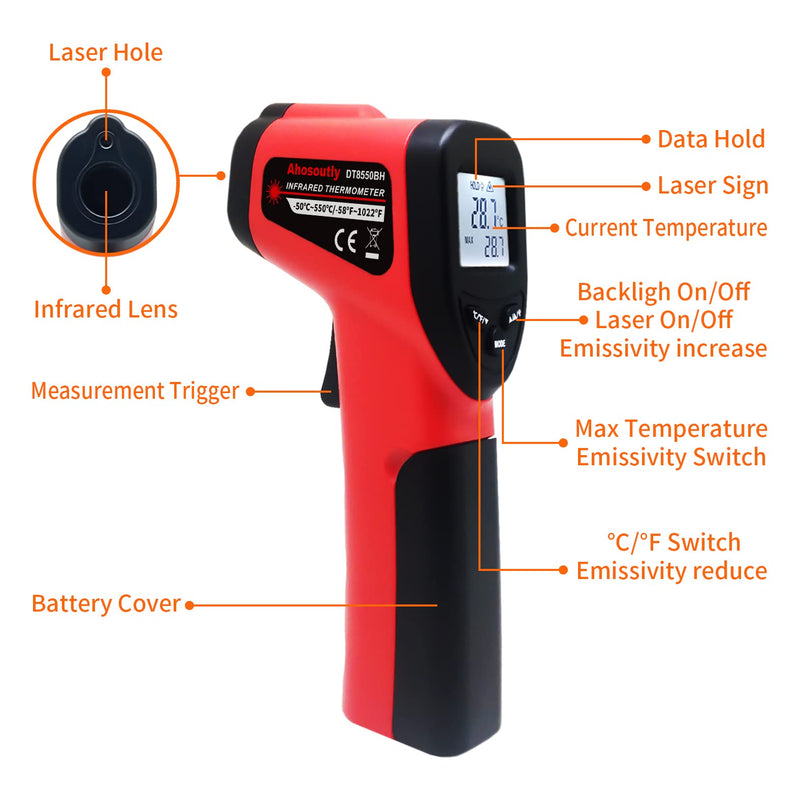 Infrared Thermometer Temperature Gun (NOT for Humans) -58℉~1022℉ (-50℃～550℃) 9-Point Laser Non-Contact Instant-Read Digital Laser Infrared Ir Thermometer with Backlight red