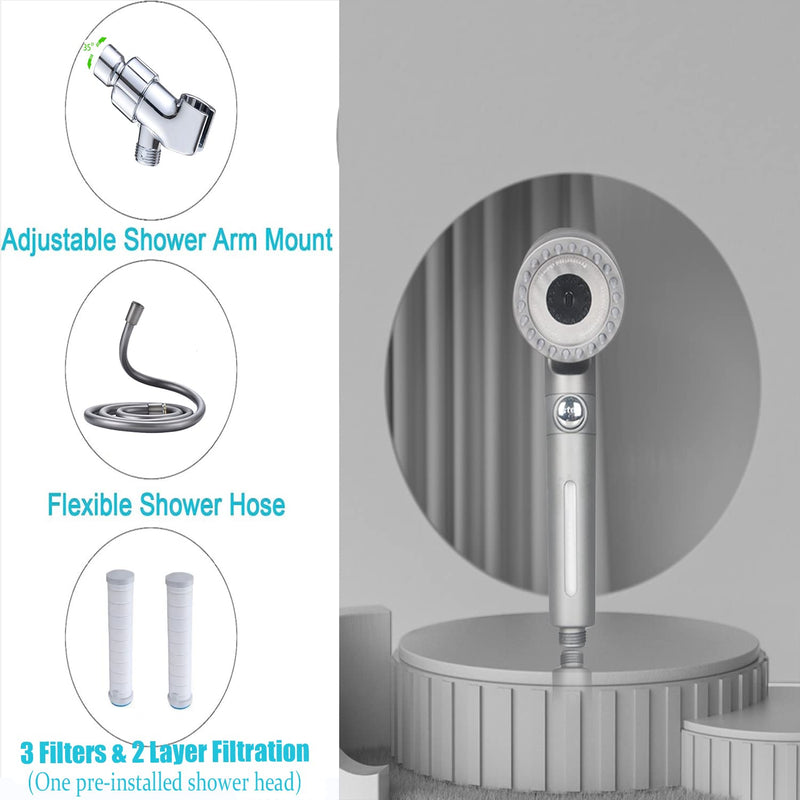 Shower Head with Handheld, Shower Heads High Pressure, High Flow Even with Low Water Pressure-Hand Held Showerhead Set,3 Modes Filtered Showerhead with 59″Replacement Hose/Bracket/Cotton Filters Gray
