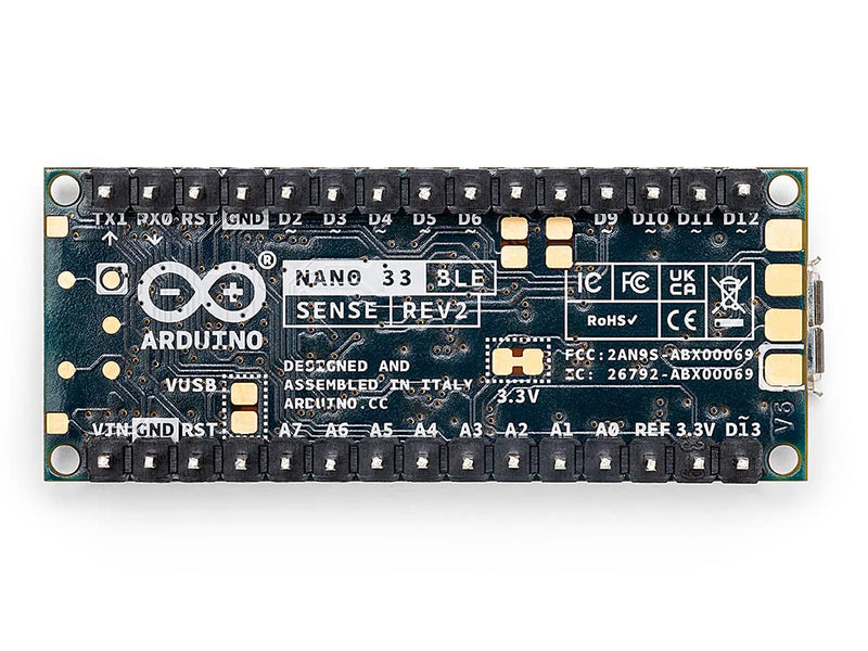 Arduino Nano 33 BLE Sense Rev2 with Headers [ABX00070] - AI Microcontroller with Sensors, Bluetooth, for Wearables, Gesture & Voice Recognition