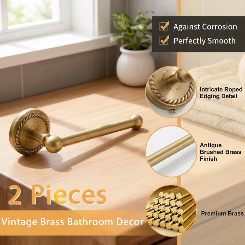2-Piece Antique Brass Toilet Paper Holder & Towel Ring Set | Vintage Elegant Wall Mounted Retro Bathroom Hardware Tissue Roll Paper Hanger Bathroom Accessories
