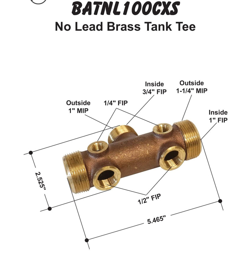 Merrill MFG BATNL100CXS 2-1/2" x 1" Brass Tank Tee, Compact Well Pressure Tank Manifold with 1" MIP Tank Connection & 1/2" NPT Drain Port for Water Systems 2 1/2 in X 1 in.