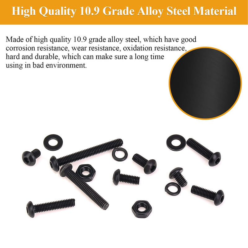 705 Pieces M2.5 Screws Nuts Washers Set Black, Sutemribor M2.5 x 4/6/8/10/12/16/20mm Button Head Socket Cap Screws Nuts Washers Assortment Kit, 10.9 Grade Alloy Steel, Fully Threaded M2.5 Screws Kit