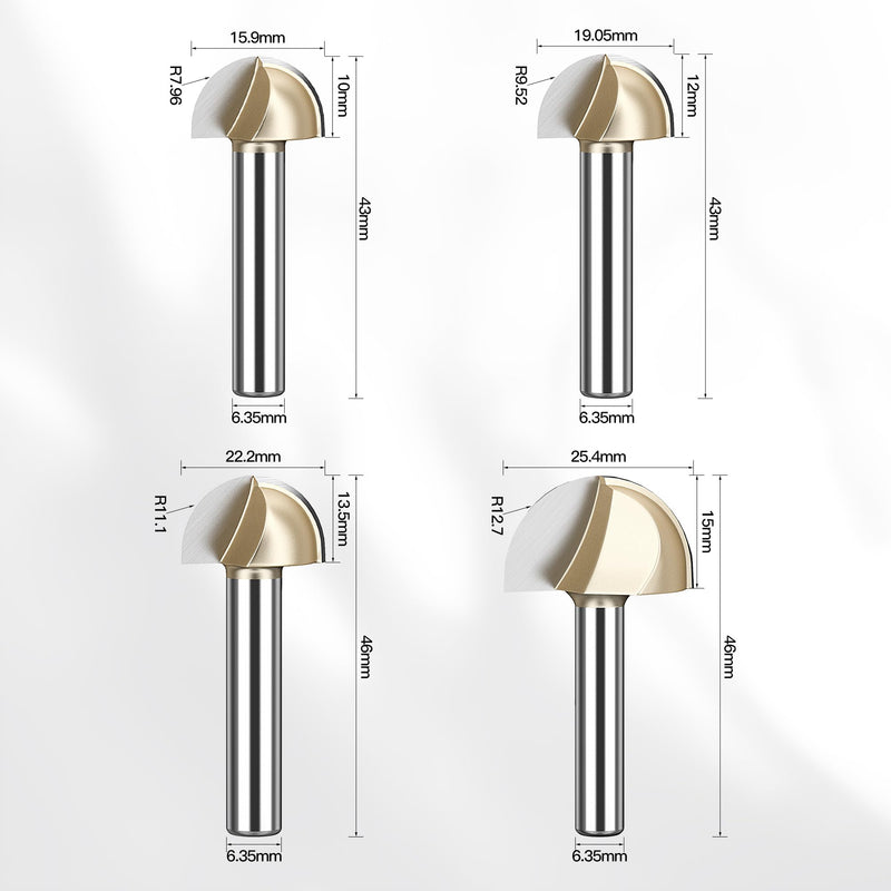 HUHAO 4Pcs Cove Box Round Nose Router Bit Set 1/4 Inch Shank, Solid Carbide Double Flute Cove Box Router Bit,5/8", 3/4", 7/8", 1" Cutting Diameter, for DIY, Woodworking Project 4pc
