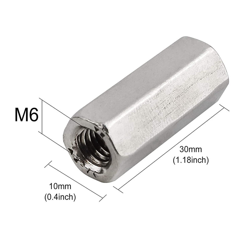 Pack of 8 M6 X 1.0-Pitch 30mm Length Hex Width 10mm Metric Hex Coupling Nut 304 Stainless Steel Rod Coupling Nuts