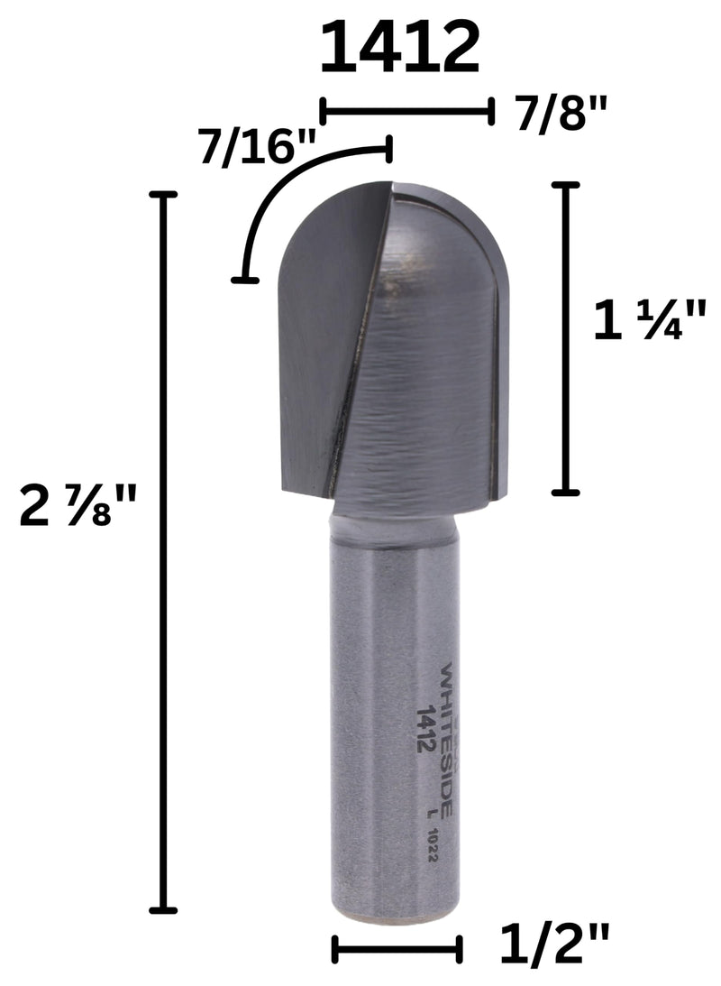 Whiteside Router Bits 1412 Round Nose Bit with 7/16-Inch Radius, 7/8-Inch Cutting Diameter and 1-1/4-Inch Cutting Length