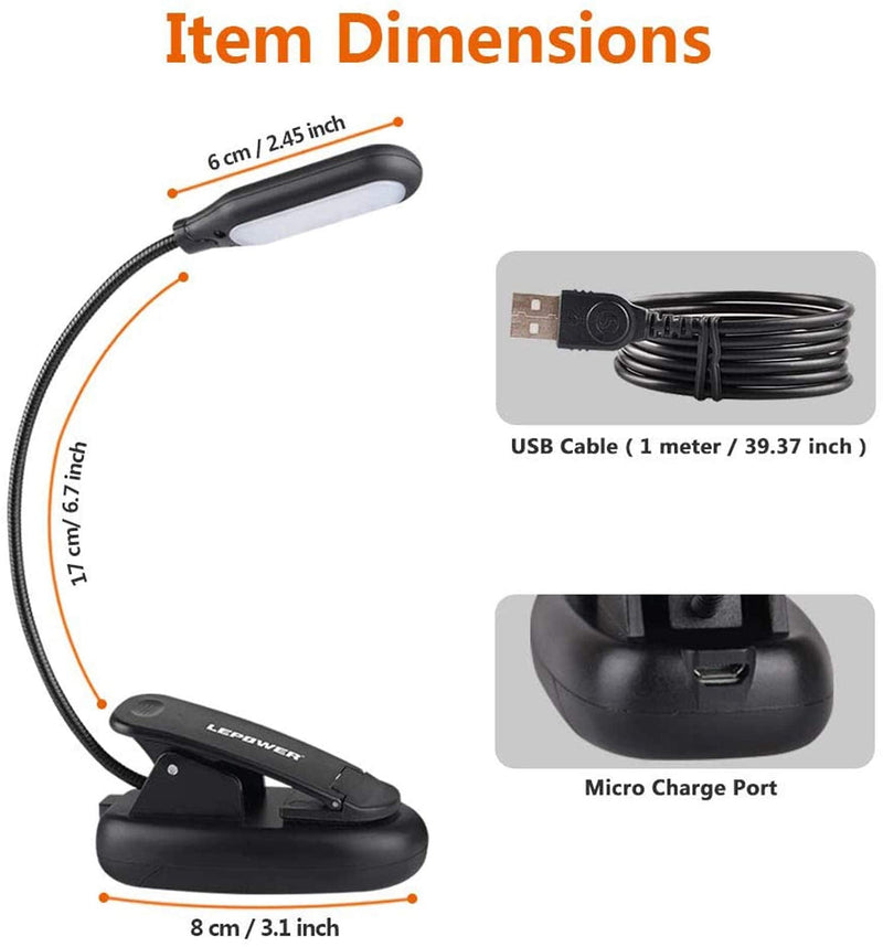 LEPOWER Clip on Book Light/Reading Light/Clip Light with 5 LED Eye Care, 3 Color Changeable, Portable Reading Lamp, Battery & USB Operated, Bed Light for Kids, Bookworms, Students(Black) Black