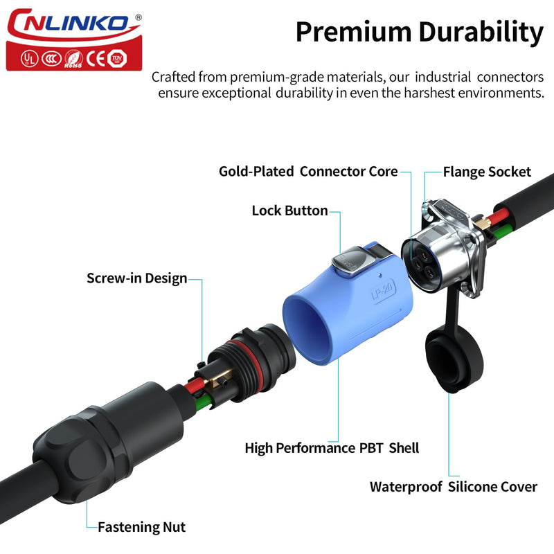 CNLINKO LP-20 3-Pin Waterproof Connector - Quick Plugging & Secure Screw-in Design, IP68 Aviation Connector, M20 Flange Socket with 4-Hole Panel (LP20 3 Pin) LP-20 3-Pin Screwing